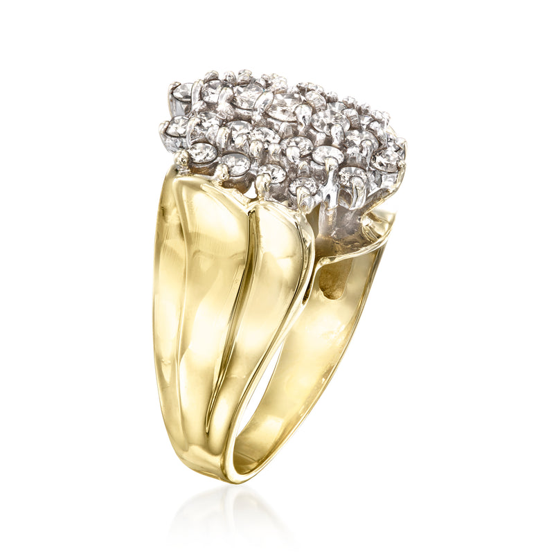 Yellow gold ring with square diamond cluster top and scalloped settings