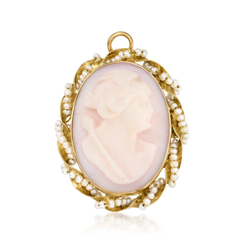 Vintage yellow gold cameo pendant with pink agate oval and seed pearl border