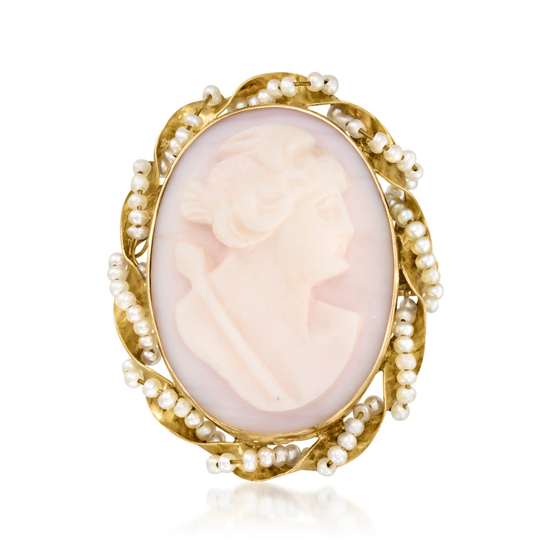 Vintage yellow gold cameo pendant with oval pink agate, hanging loop, seed pearls