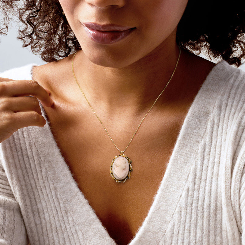 Vintage cameo pendant on gold chain, oval pink agate with seed pearls and frame