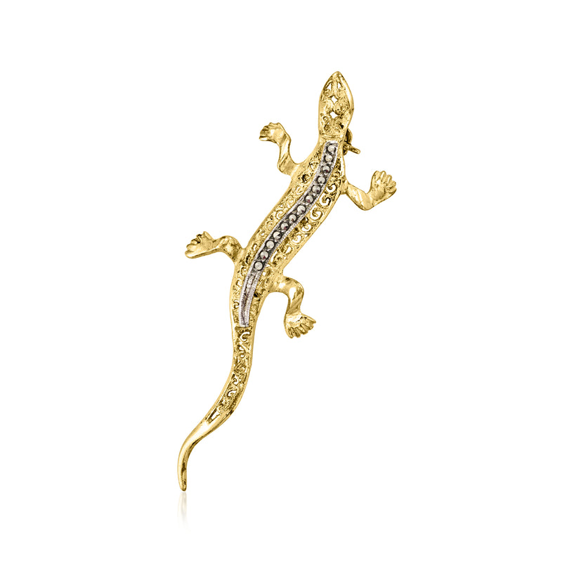 Gold gecko lapel pin with glittering stone accents