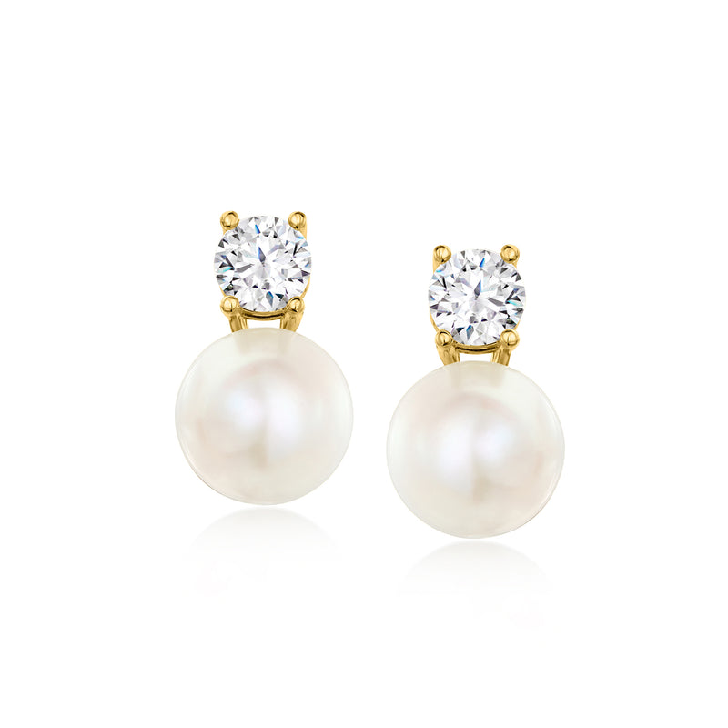 Gold-tone CZ stud with white cultured pearl drop earrings