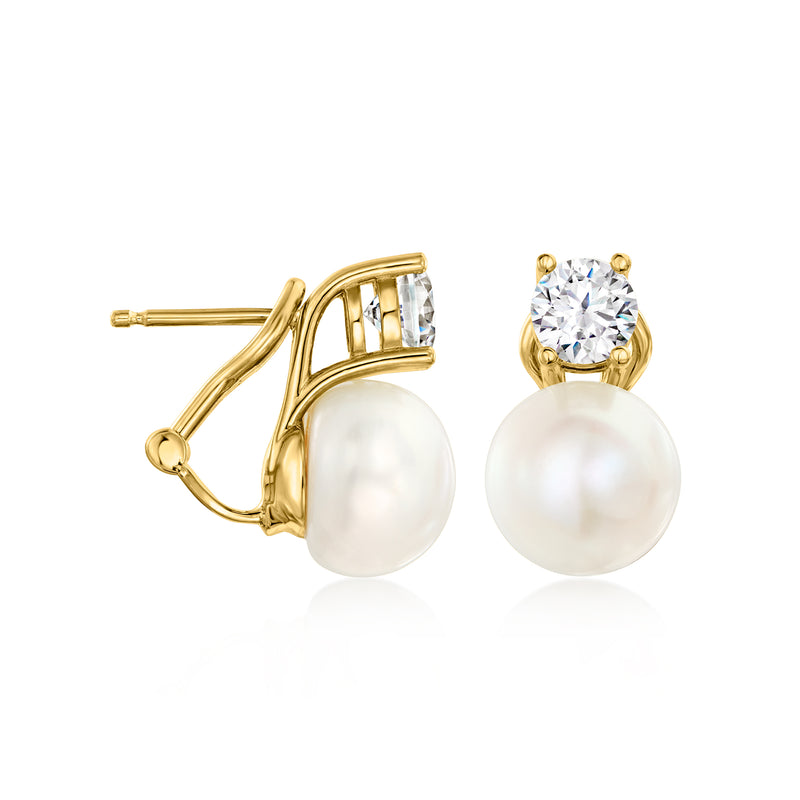 Gold-tone CZ and white cultured pearl drop earrings, side view