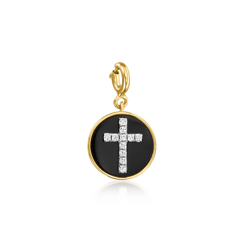 Gold-tone cross charm on black agate circle with diamond-style cross, bail loop top
