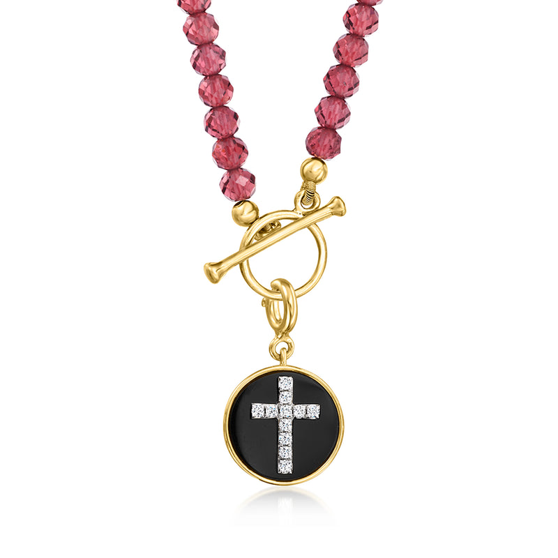 Round black agate cross charm with diamond cross, hanging from red bead strand