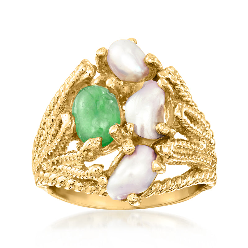 Gold tone baroque ring with white pearls, green jade stone, and ornate textured setting