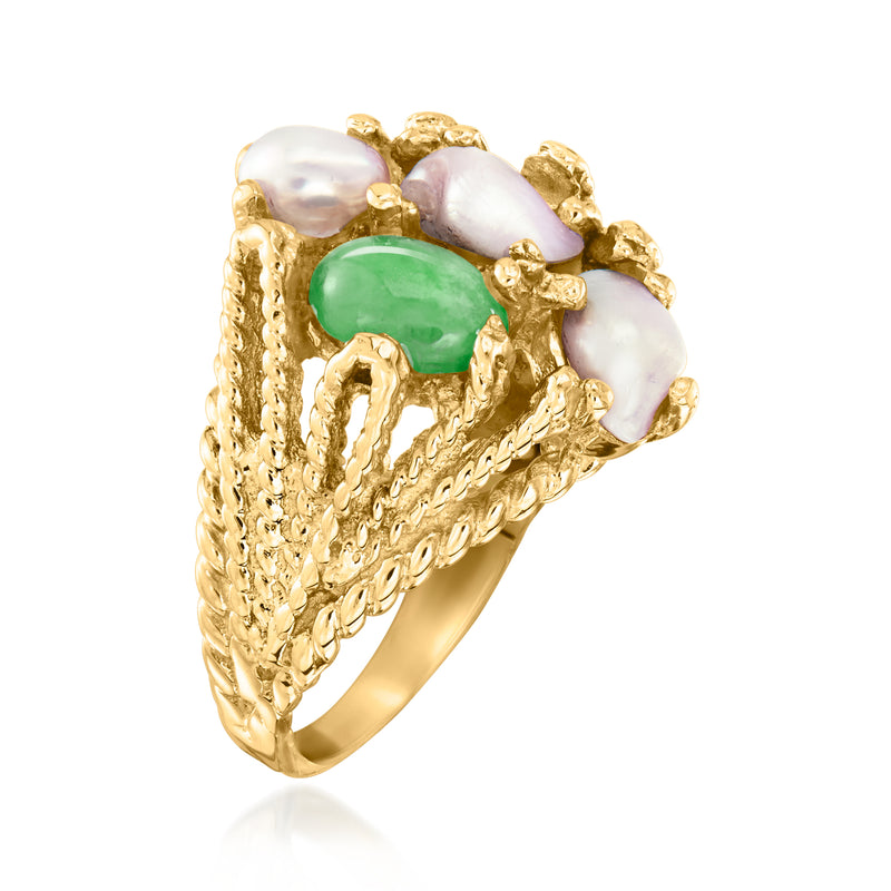 Gold tone ring with green jade stone and three white cultured pearls in textured mount