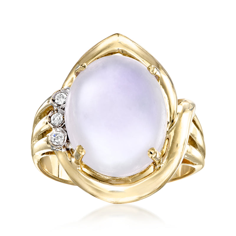 14kt yellow gold ring with oval lavender jade cabochon and diamond accents
