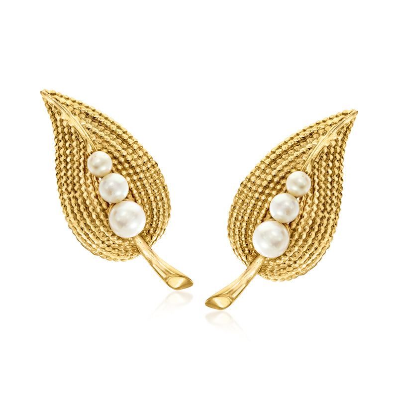14kt yellow gold leaf clip-on earrings with three white pearls on textured mesh