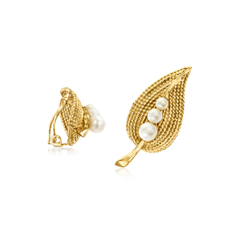 Textured 14kt yellow gold leaf clip-on earrings with three clustered white pearls