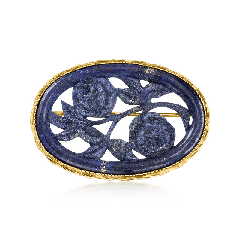 14kt yellow gold oval lapis floral carved pin with openwork design