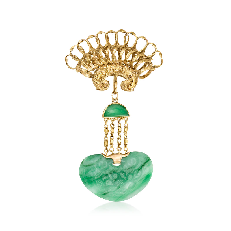 14kt yellow gold fan-drop pin with green jade heart and dangling chains