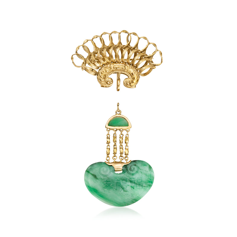 14kt yellow gold fan drop pin with green jade heart pendant and dangling tassels