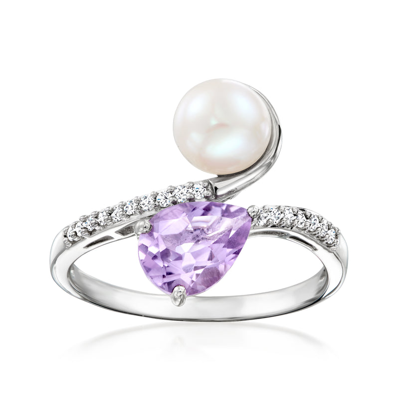 Sterling silver bypass ring with round white cultured pearl, pear-cut amethyst, diamond pave