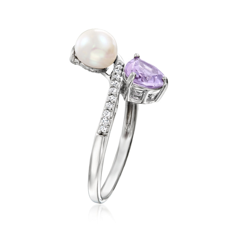 Sterling silver bypass ring with pearl, amethyst, and lab-grown diamond accents