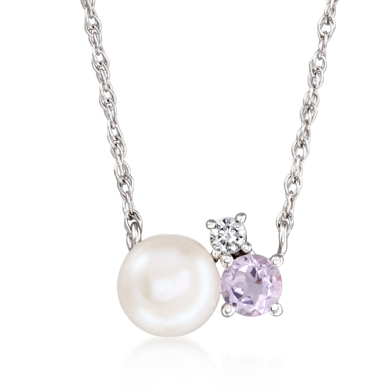 Sterling silver necklace with cultured pearl pendant, amethyst and small lab-grown diamond