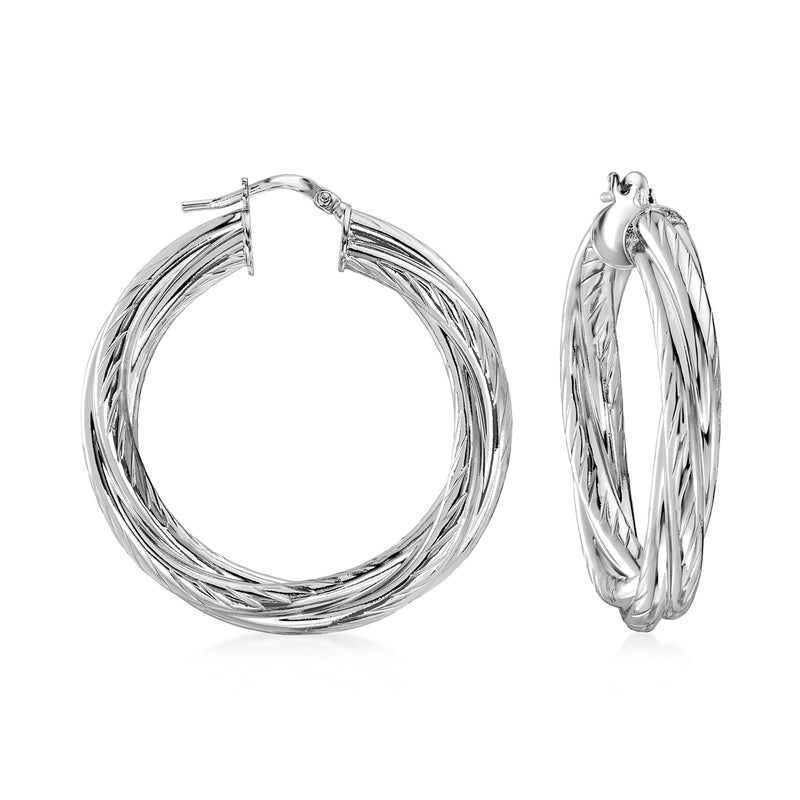 Rhodium-plated twisted hoop earrings with thin braided metal rings and hinge backs