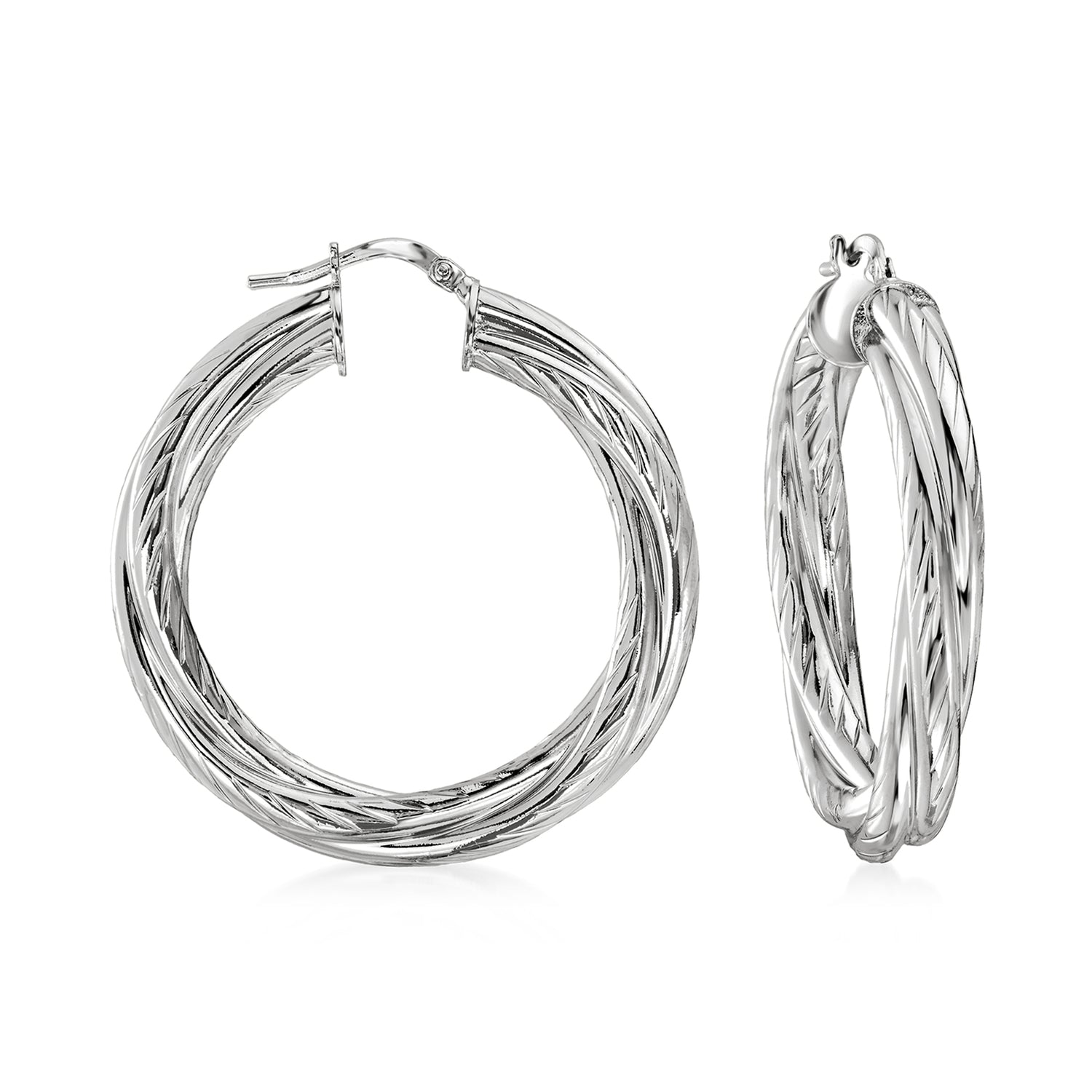 Italian Rhodium-Plated Twisted Hoop Earrings