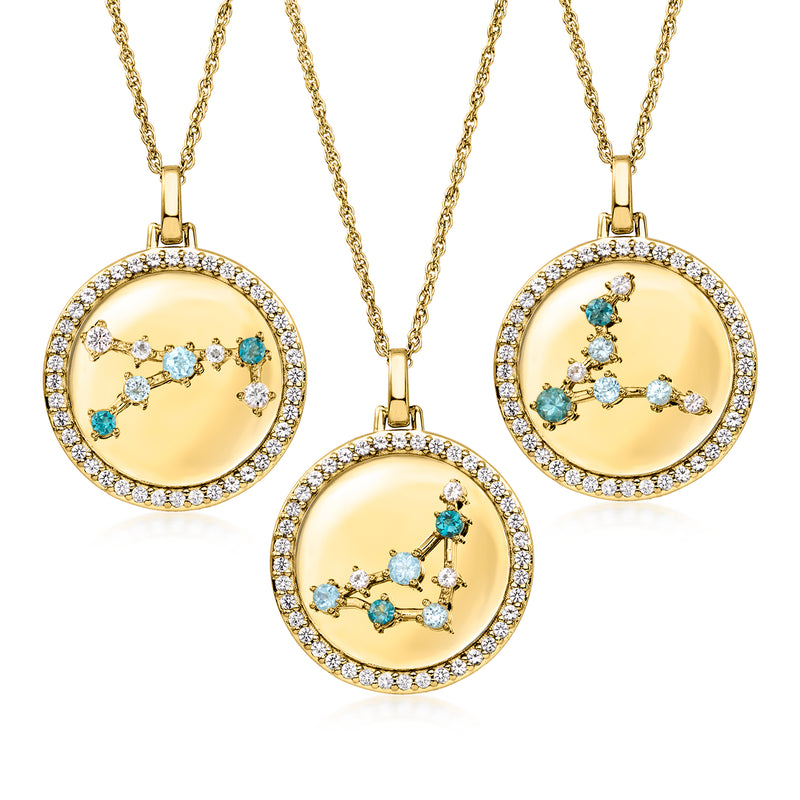 Gold tone zodiac constellation pendant necklace with blue/white stones and round halo