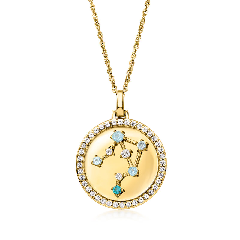 Gold tone zodiac constellation pendant necklace with blue constellation points and clear halo