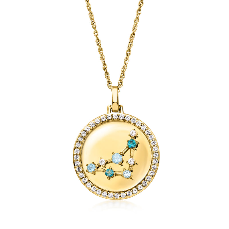 Gold zodiac pendant necklace with round halo and blue constellation stones