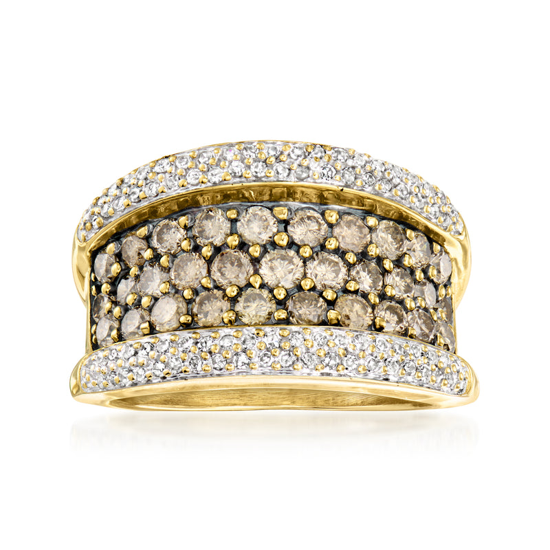 14kt yellow gold ring with brown and white diamond pavé, size 8