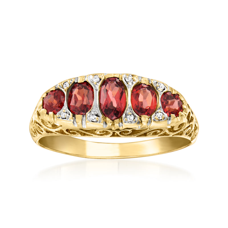 Vintage 14kt yellow gold five-stone garnet ring with diamond accents, size 7.25