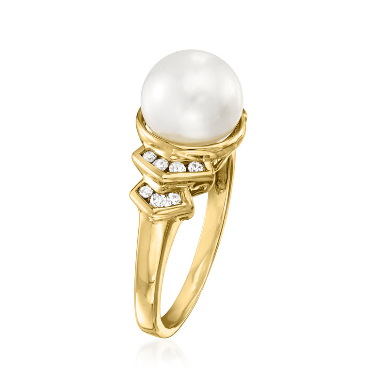 Yellow gold ring with white cultured pearl top and small diamond-set bands