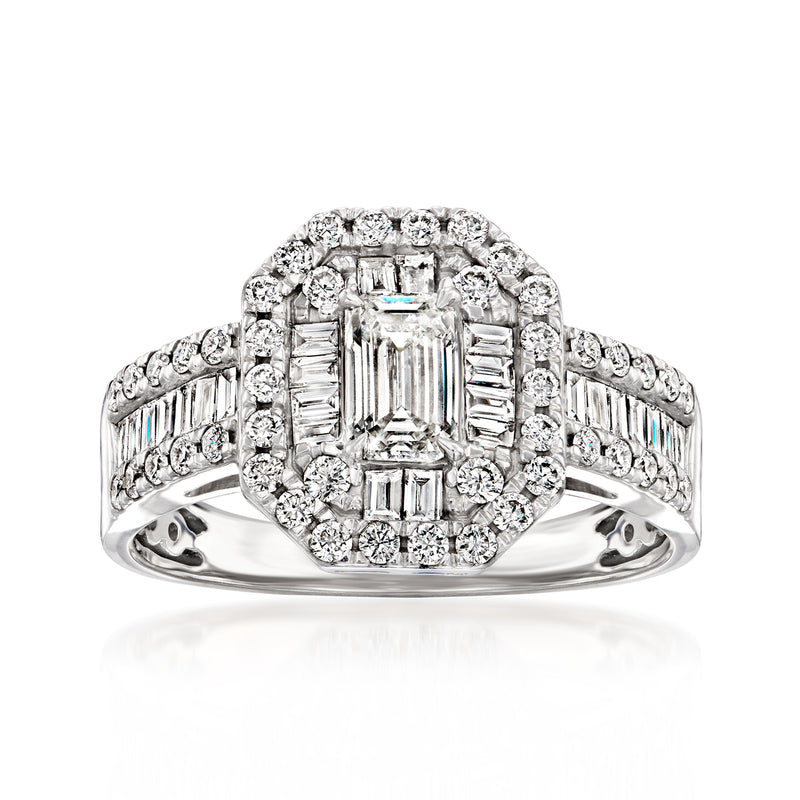 Sterling silver diamond cluster ring with emerald-cut center and round halo stones