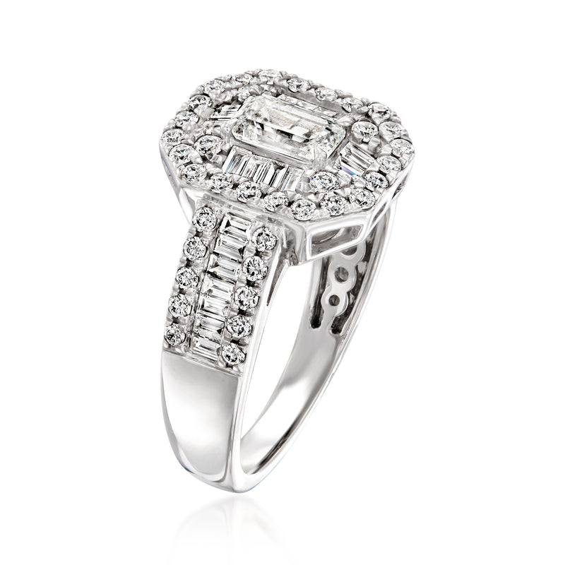 Sterling silver diamond cluster ring with baguette side stones and halo