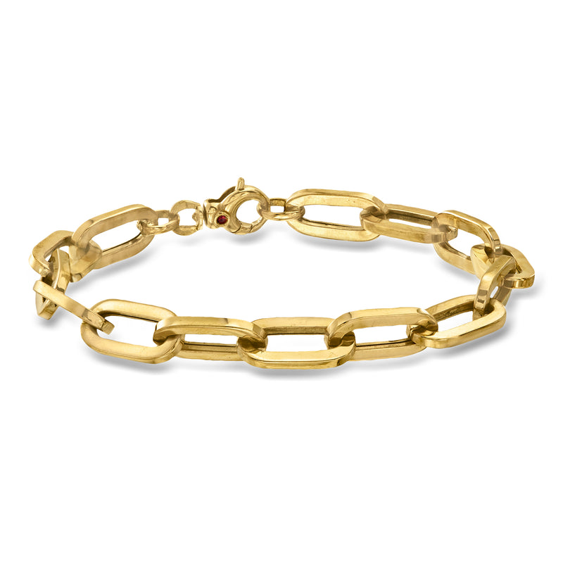 18kt yellow gold paper clip link bracelet with ruby accents