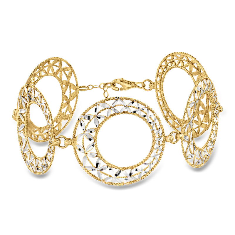 Two-tone gold floral circle bracelet with linked openwork rings and chain clasp