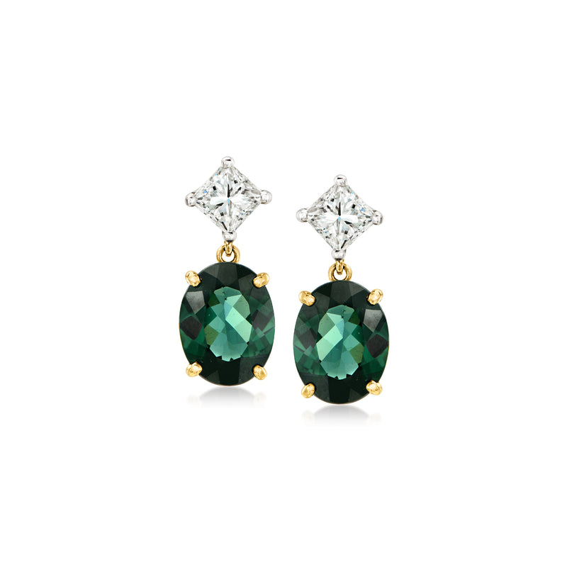 Two-tone gold drop earrings with green oval gemstone drops and diamond halo tops