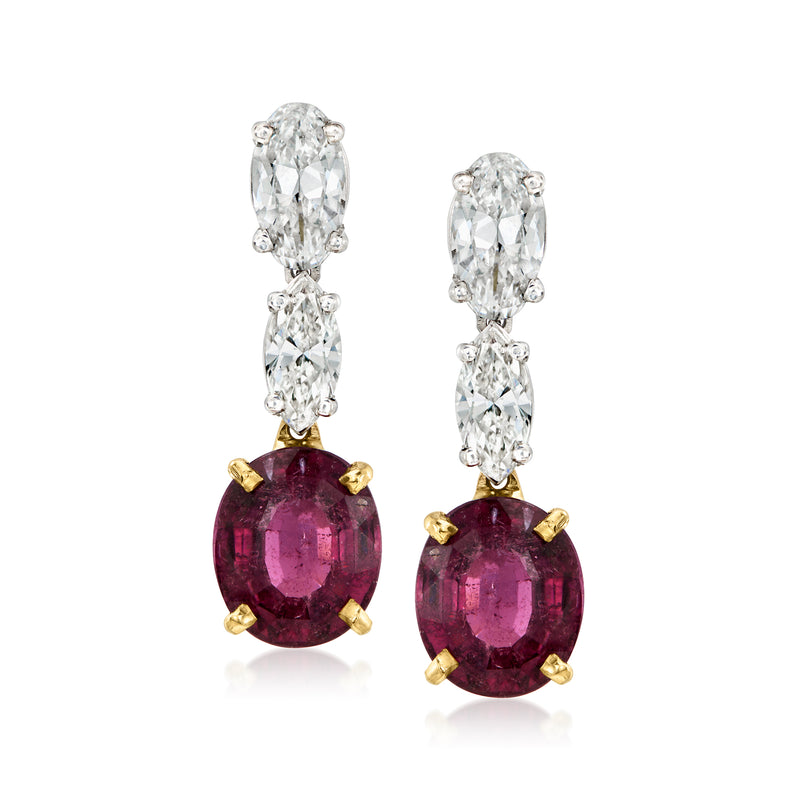 Two-tone gold drop earrings with oval pink tourmaline and diamond accents