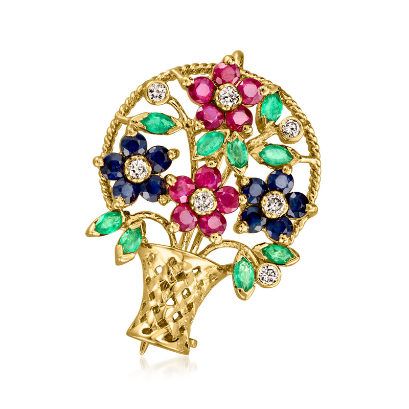 14kt yellow gold flower basket pin with pink, green, blue gemstones and diamonds
