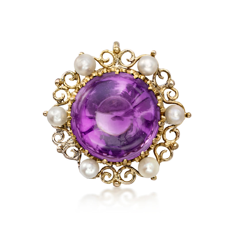 Yellow gold round amethyst cabochon pin with pearl accents and filigree border