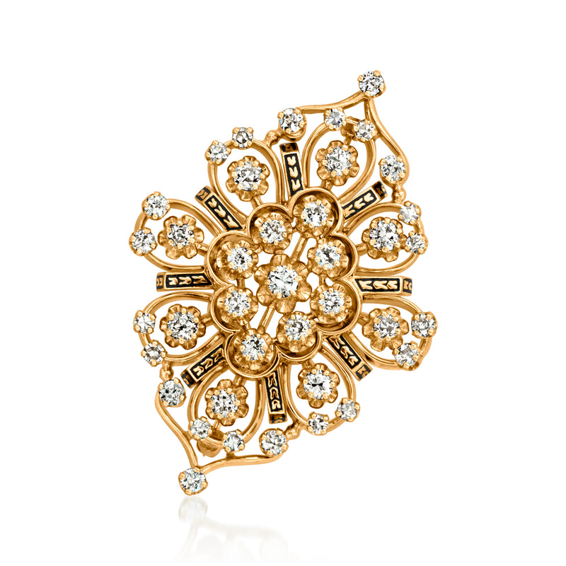 Vintage 14kt yellow gold diamond pin with black enamel accents