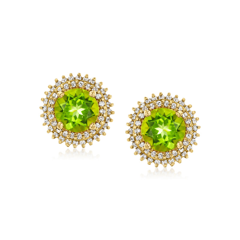 Round peridot and diamond halo stud earrings, 14kt yellow gold, post backs