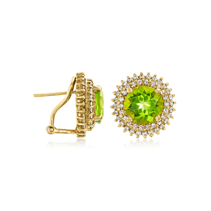 Round peridot and diamond halo stud earrings in 14kt yellow gold with post backing
