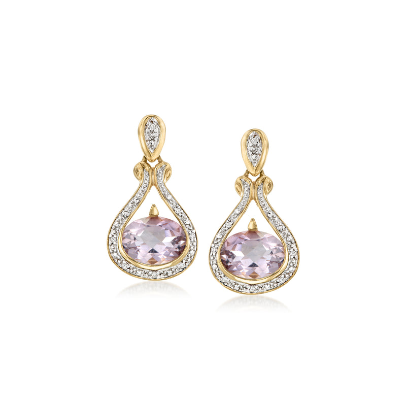 14kt yellow gold amethyst and diamond teardrop drop earrings, vintage setting