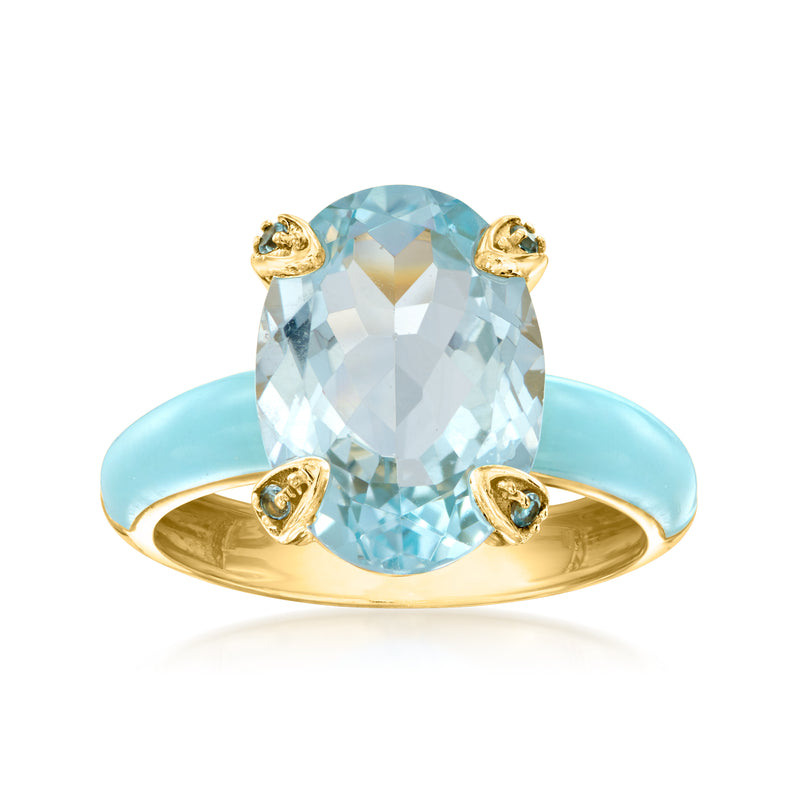 Sky blue topaz ring in 18kt gold over sterling with pastel blue enamel band