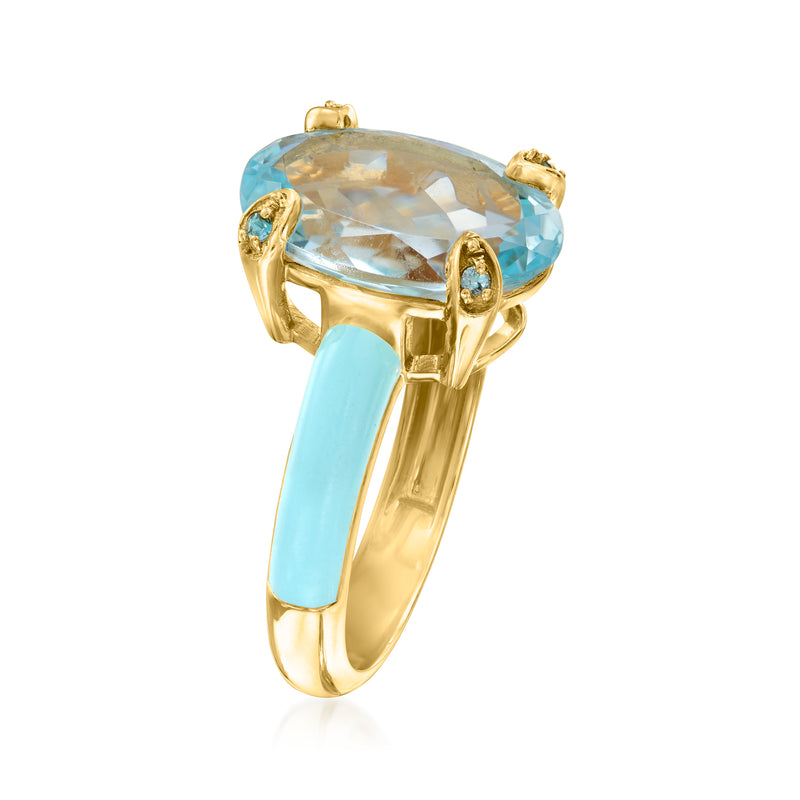 Oval sky blue topaz ring with gold prongs and pastel blue enamel side band