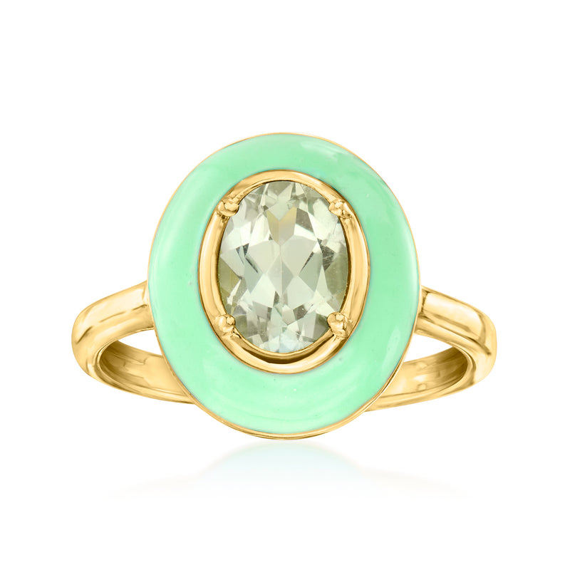 Gold ring with pastel green enamel oval bezel and light green gemstone center