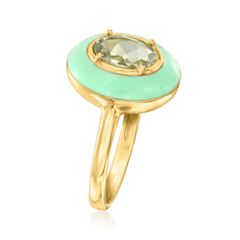 Gold ring with domed pastel green enamel and oval light green gemstone, top view