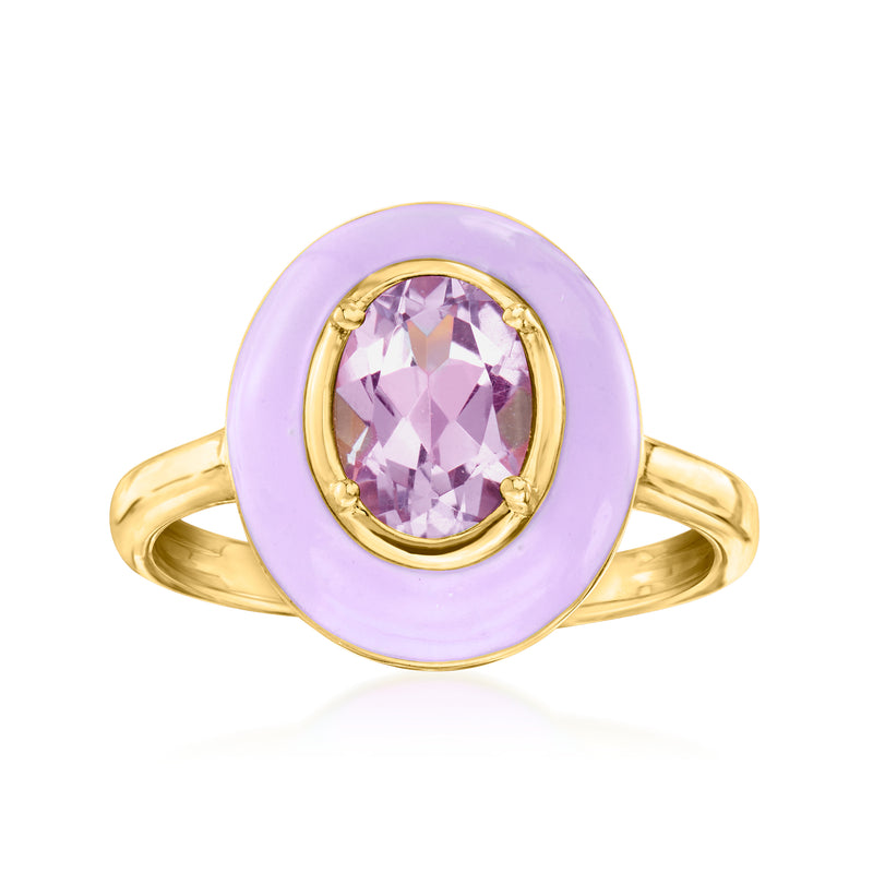 Oval amethyst-style gemstone ring with pastel purple enamel oval bezel, gold band
