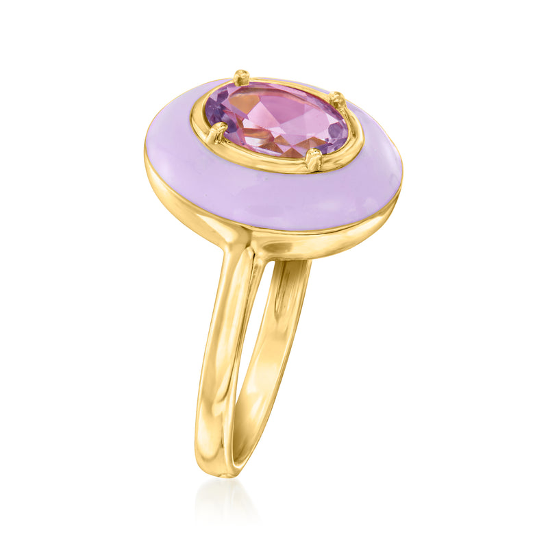 Pastel purple enamel oval centerpiece ring with oval pink-purple stone, slim gold band