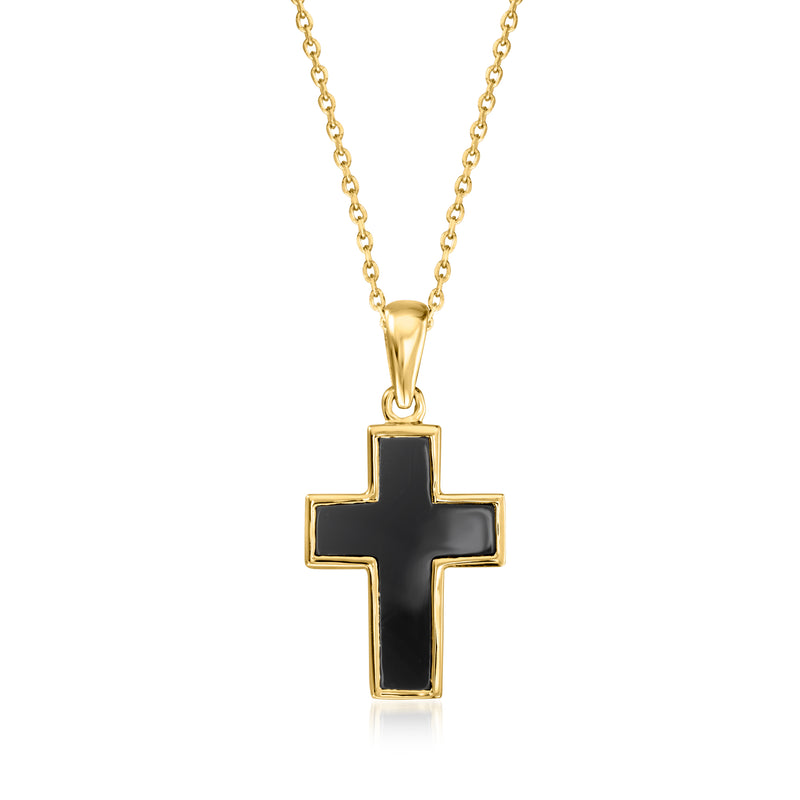 Gold over sterling cross pendant necklace with black center, fine chain