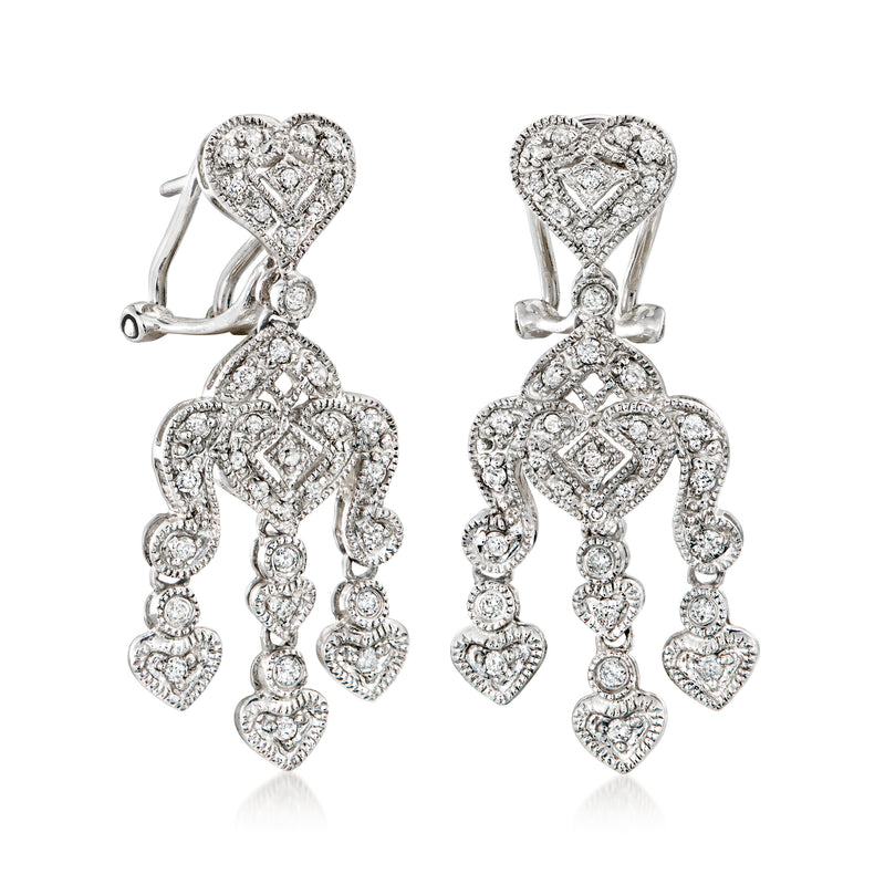 Vintage diamond heart chandelier earrings in 14kt white gold, clip/post style