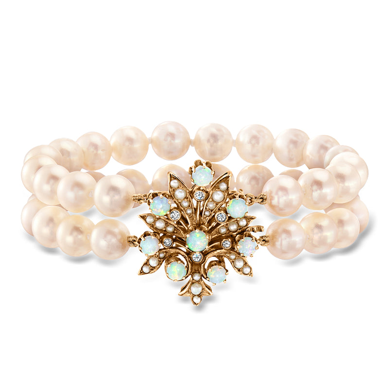 Two-strand cultured pearl bracelet with opal floral clasp and small diamond accents