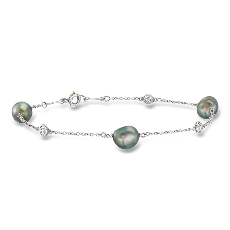 Platinum pearl station bracelet with dark cultured black pearls and diamond accents
